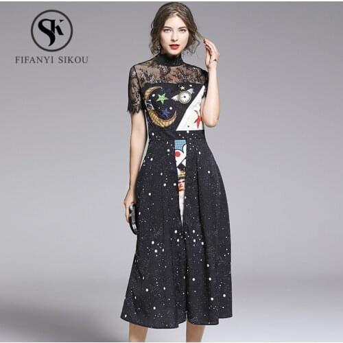 Black Vintage Print Dress women Fashion Lace Splice Short sleeve Long Dress Ladies Elegant Party dress Summer Dresses Vestidos