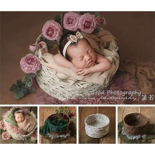 Solid wood natural rattan basket container baby shadow floor photo props newborn photography props 34*20cm