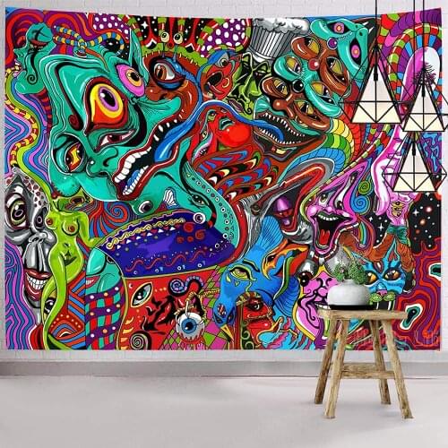Hexagram Trippy Tapestry Bohemian Arabesque Psychedelic Abstract Wall Art Hippie Monster Fractal For Room Dorm Decor