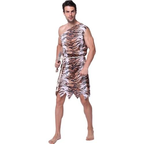 Primitive Indian Clothing Costume Caveman Croods Flintstones Purim Carnival Halloween Tiger Skin Jumpsuits Men Adult C20435AD