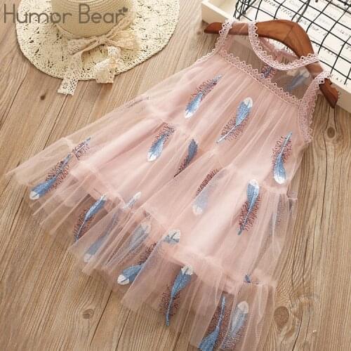 Humor Bear Kid Clothes Summer Brand New Girls Dress Korean Style Mesh Dress Feather Embroidery Sleeveless Princess Party Dress