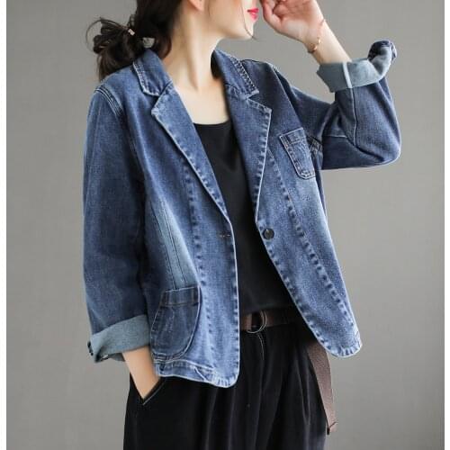 Autumn Suit Collar Vintage Denim Short Jacket Ladies Single Button Slim Coat Loose Plus Size Casual Long Sleeve Outwear Tops 4XL
