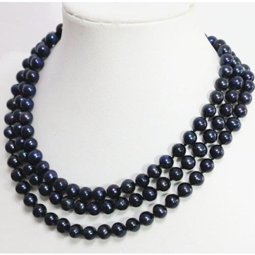 Trendy black cultured freshwater natural pearl 8-9mm round beads classic romantic long chain necklace jewelry 50inch B1474