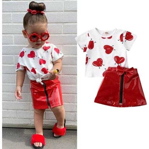 Fashion Toddler Kid Baby Girl Valentine Clothes Short Sleeve Love Top T-shirt +Zipped PU Leather Skirt 2PCS Outfit Set