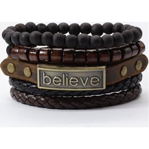 Believe Brown Woven Wood Beaded Hip hop Jewelry Leather Men Bracelets Set Women Vintage Bangle Male Homme Jewelry Accessories