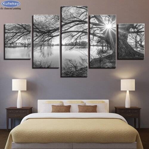 Full square 5D diy Diamond Embroidery Lakeside Trees Black White Landscape Diamond painting cross stitch kits,5PCS,Mosaic Kit