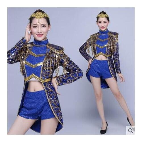 New Blue Sequins Gold Tassel Jacket Short Birthday Celebrate Outfit Bar Women Singer Show Prom Dance Outfit Set