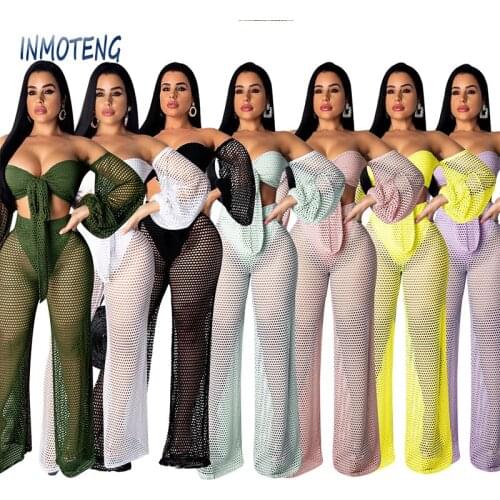 INMOTENG 2019 Sexy 2 Piece Set Women Off Shoulder Wrapped Chest Lantern Sleeve Lace Up Hollow Out Wide Leg Pants Party Clothes