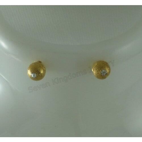 MIN ORDER 10$ CAN MIX DESIGN/CUTE BALL SHAPED CARVED SCRUB SURFACE 6 MM 0.24" - YELLOW GOLD GP STUD EARRING CZ STONE