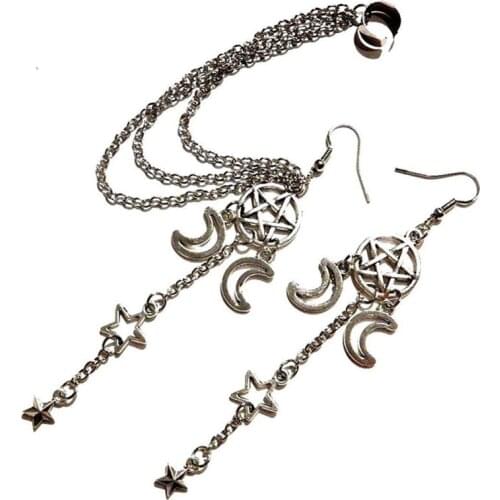 Pentagram & Moon Asymmetric Earrings and Ear Cuff chains stars gothic pentacle magick wiccan pagan witch