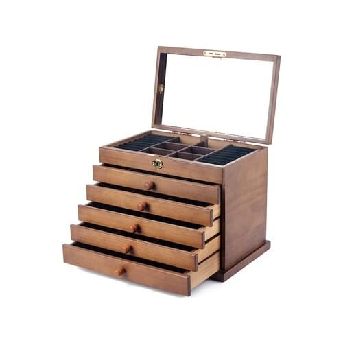 Solid Wood Six-Layer Jewel Box Large Capacity With Lock Retro Eardrop Earrings Necklace Jewelry Gift