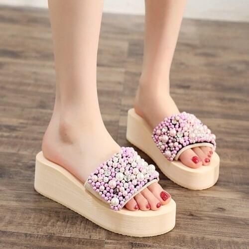 Korean Fashion Handmade Custom Pearl Outer Wear Flip Flops Female Summer Slope with Age-Reducing Comfortable Non-Slip Slippers