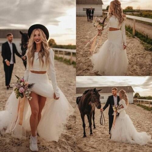 Two Pieces Mermaid Wedding Dresses Boho Long Sleeve Bridal Gowns Country Tulle Beach Sweep Train Wedding Dress Robes