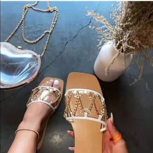 Summer Women Slippers New Flat Metal Female Square Head Wild Casual Slippers Chain Transparent Cross Simple Slides for Women