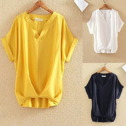 Women V-Neck Top Summer Casual Solid Color Cotton And Linen Short Sleeved Tshirt Elegant Loose Shirt Blusas Pullover Tops