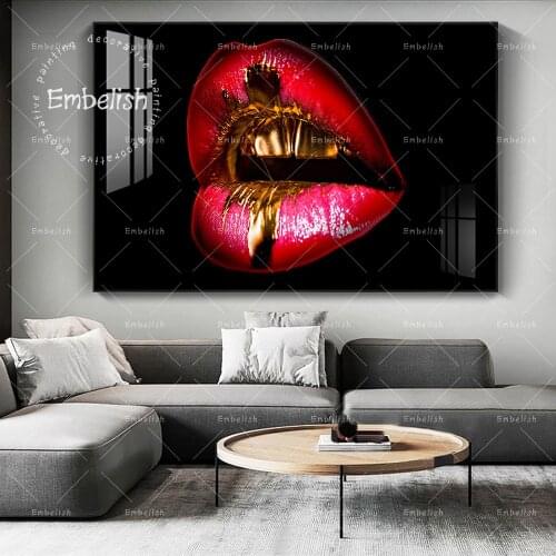 Embelish 1 Pieces Red Golden Lips Shiny Sexy Mouth HD Print On Canvas Painting For Living Room Modern Home Decor Wall Art Poster