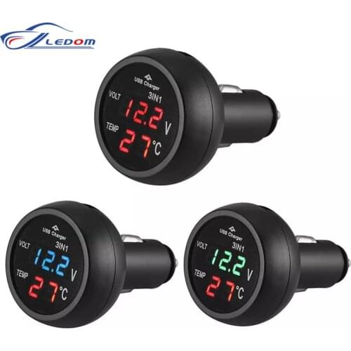 Universal 12V/24V Digital Meter Monitor 3 in 1 LED USB Car Charger Voltmeter Thermometer Car Battery Monitor LCD Dual Display