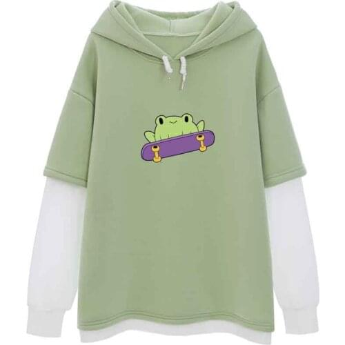 Green Kawaii Frog Color Block Sweatshirt Pullover Hoodie Spring Autumn Cute Long Sleeve Top Clothing for Girls Korean Style