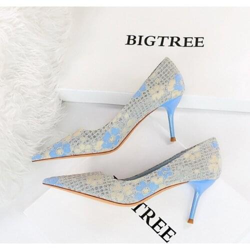 2021 Luxury Women Bling Thin High Heels Pumps Designer Blue Gold Flower Heels Pumps Plus Size 43 Wedding Bridal Shoes