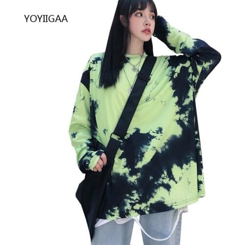 Women Tie Dye Tshirt Harajuku Long Sleeve Female T-shirts O-neck Loose Tshirts Lady Tops Spring Autumn Woman T Shirt Basic Tops