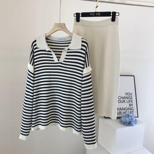2021 New Autumn Knitted 2 Piece Set Women Loose Striped Pullover Sweater Top + Skirts Sets Korean Fashion Casual Two Piece Suits