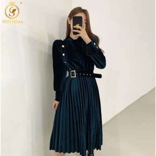 SMTHMA Korea Elegant Ladies Velvet Pleated Dresses New Fashion Women Long Sleeve Single-Breasted Vestido Da Festa With Belt