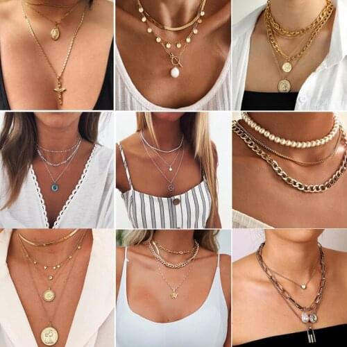 Star Moon Crystal Multilayer Pendant Necklace for Women Vintage Fashion Boho Choker Necklaces Collar Party Jewelry Bijoux