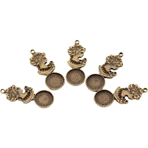 10pcs 12mm Pendant Cabochon Base Antique Bronze Beauty Sculpture Necklace Charms Blank Tray Bezel Fit Cameo DIY Findings