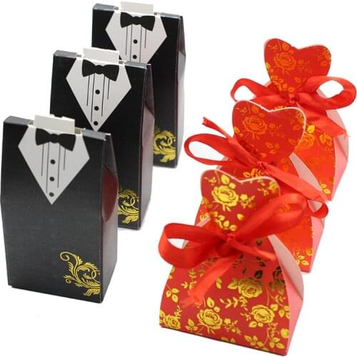 100pcs/lots Bride And Groom Wedding Candy Box Gift Favour Boxes Wedding Bonbonniere Event Party Supplies With Ribbon