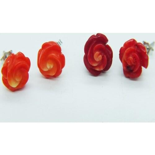 Exquisite !! 2pair Red Orange 8mm natural coral roses flower earrings