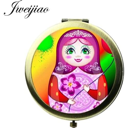 JWEIJIAO Russia Matryoshka Photo Glass Cabochon Pocket Mirror Russian Doll Girls Vintage Bronze Round Compact Makeup mirrors