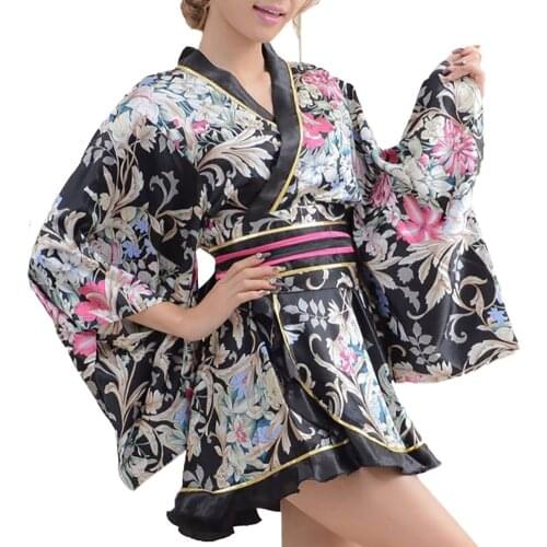 Womens Floral Print Black Kimono Mini Dress Japanese Summer Short Yukata Geisha Cosplay Costume Dance Wear Halloween Fancy