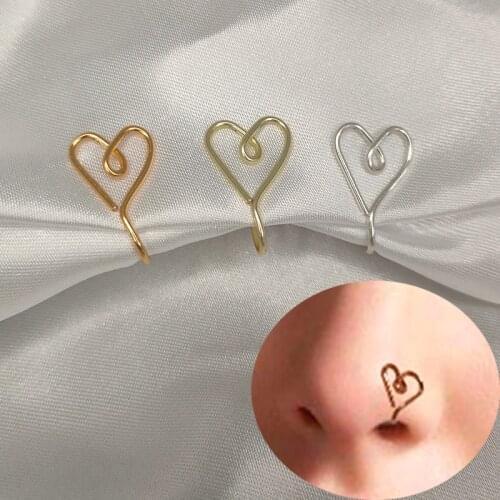 Punk Heart Shape Nose Cuff Ring 2021 For Women Copper Wire Fake Piercing Gold Silver Color Clip Nose Ring Body Jewelry Gift New