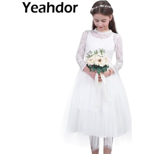 Girls Floral Lace Mesh Long Sleeves Lackework Neck Flower Girl Dresses Tea Length Princess Gowns Wedding Birthday Party Dress
