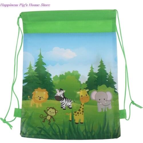Jungle Theme Party Gifts Bags Candy Bags Green Safari Animals Packing Non-woven Backpack Kids Party Decorations 34X27cm