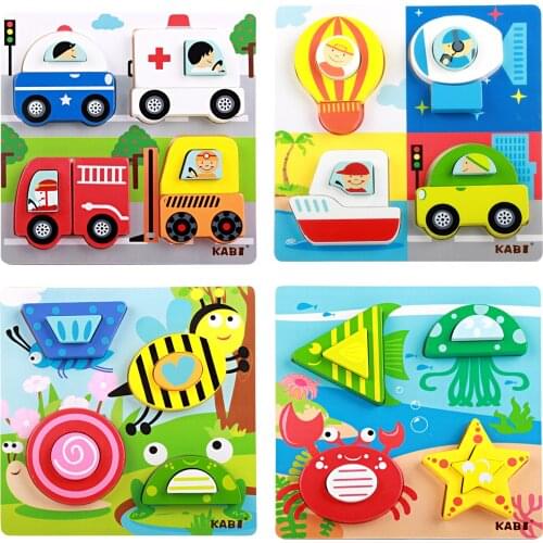 Cartoon 3D Puzzle Wood Toy Wooden Jigsaw Insects Traffic Animals Marine Baby Educational Interactive Learning Toys for Children