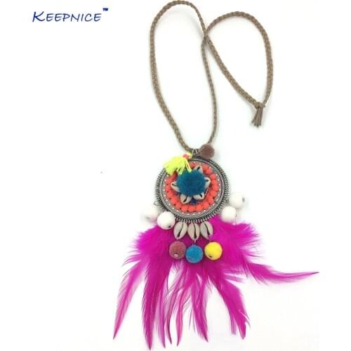 New Bohemian Handmade Purple Real Feather Tassel Pendants Long Necklace Leather Cord Ball Charm Pendants Summer Neclace