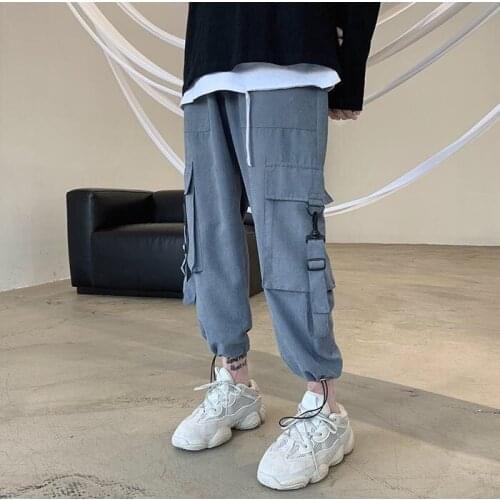 Drawstring Casual Pants Mens Fashion Solid Color Multi-pocket Cotton Overalls Men Streetwear Wild Loose Hip Hop Trousers Mens