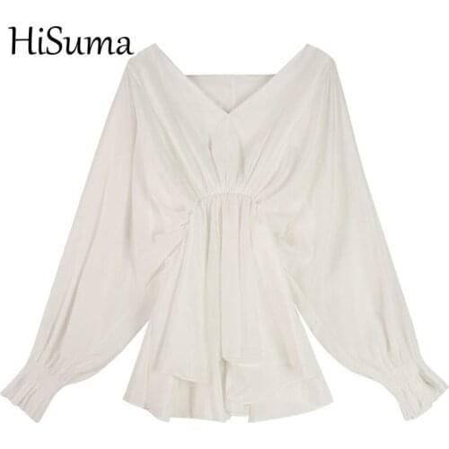 HISUMA Autumn V-Neck Batwing Sleeve Women Pleated Basic Ruffles Shirt Casual Lady Elastic High Waist Loose Pullover Blouse Tops