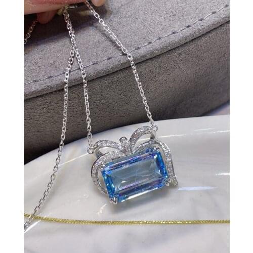 LR Aquamarine Necklace Fine Jewelry Solid 18K Gold Nature 5.8ct Blue Aquamarine Gemstones Pendants Necklaces for Women