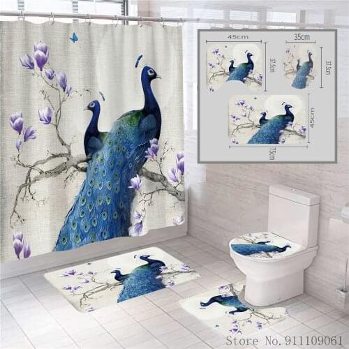 Animal Peacock 3D Print Shower Curtain Non-slip Toilet Mats Waterproof Mildew Proof Bathroom Partition Curtain Home Decoration