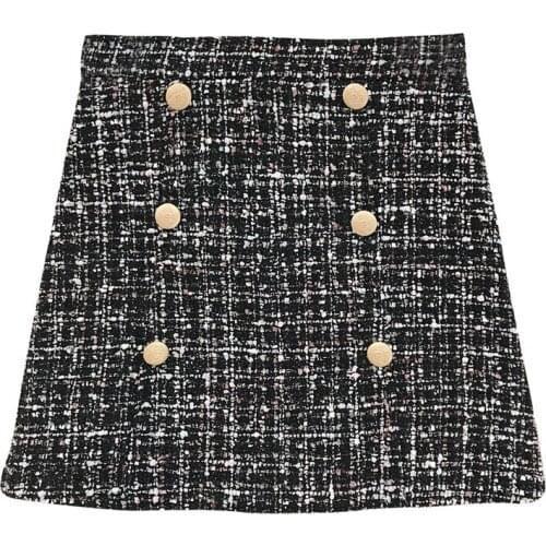 PERHAPS U Pencil Skirt Vintage Zipper Sexy Mini High Waist Button Short Chic Tweed Elegant Winter S0088