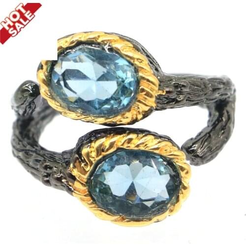 21x13mm Sublime Antique Vintage Created London Blue Topaz Gift For Ladies Black Gold Silver Rings