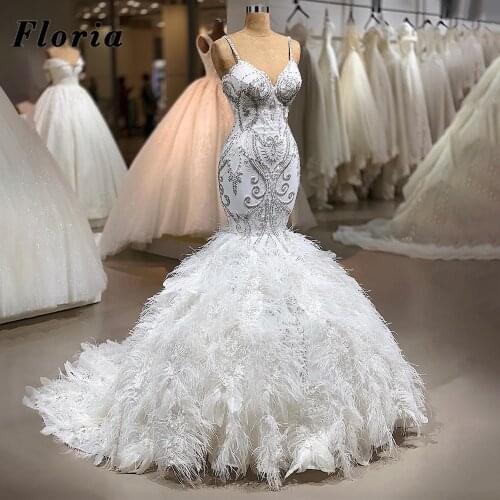 Full Feathers Beading Wedding Dresses Mermaid 2020 Dubai Luxury Bridal Gowns Middle East Custom Made Bride Dress Robe De Mariage