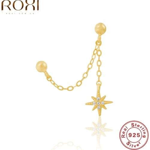 ROXI Link Chain Crystals Star Stud Earrings For Women Double Ear Studs Jewelry Piercing Earrings 925 Sterling Silver Pendientes