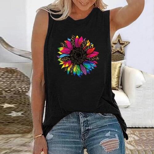 Seeyoushy Multicolor Leopard Sunflower Print T-shirt Women Sleeveless Summer Graphic Tee T Shirts Casual Tops for Women Clothes