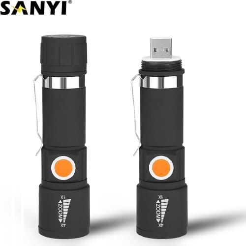 3 Modes LED Tactical Flashlight Zoomable Focus Torch Tail USB Charging Working Light Pocket Clip Handy Light Built-in Battery