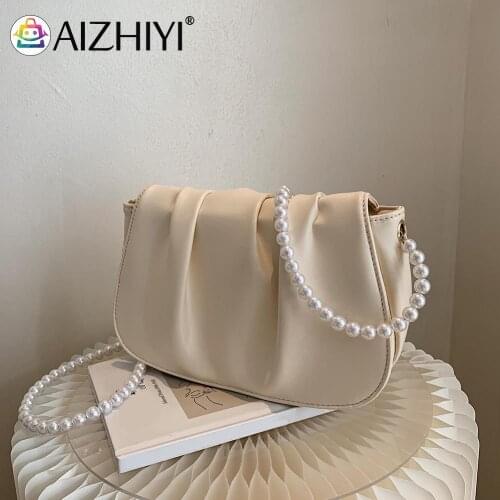 Vintage Women Pleated PU Leather Messenger Bag Ladies Pearl Solid Color Purse Design Luxury Hand Bag Female Travel