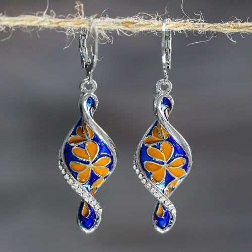 Vintage Earrings Dangle Twist Spiral Hoop Earring Creative Orange Flower Blue Long Drop Earrings for Women Boho Tassel Jewelry