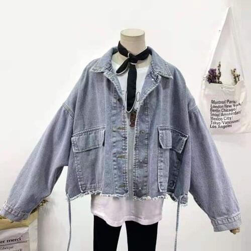 Plus Size Denim Jacket Womans Spring Autumn Fried Street 2021 New Korean Fashion Loose Drawstring Big Pocket Jeans Coat Femme